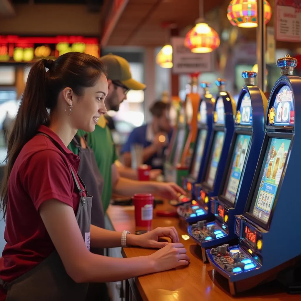 Chicken Road staff member assisting a customer with a smile