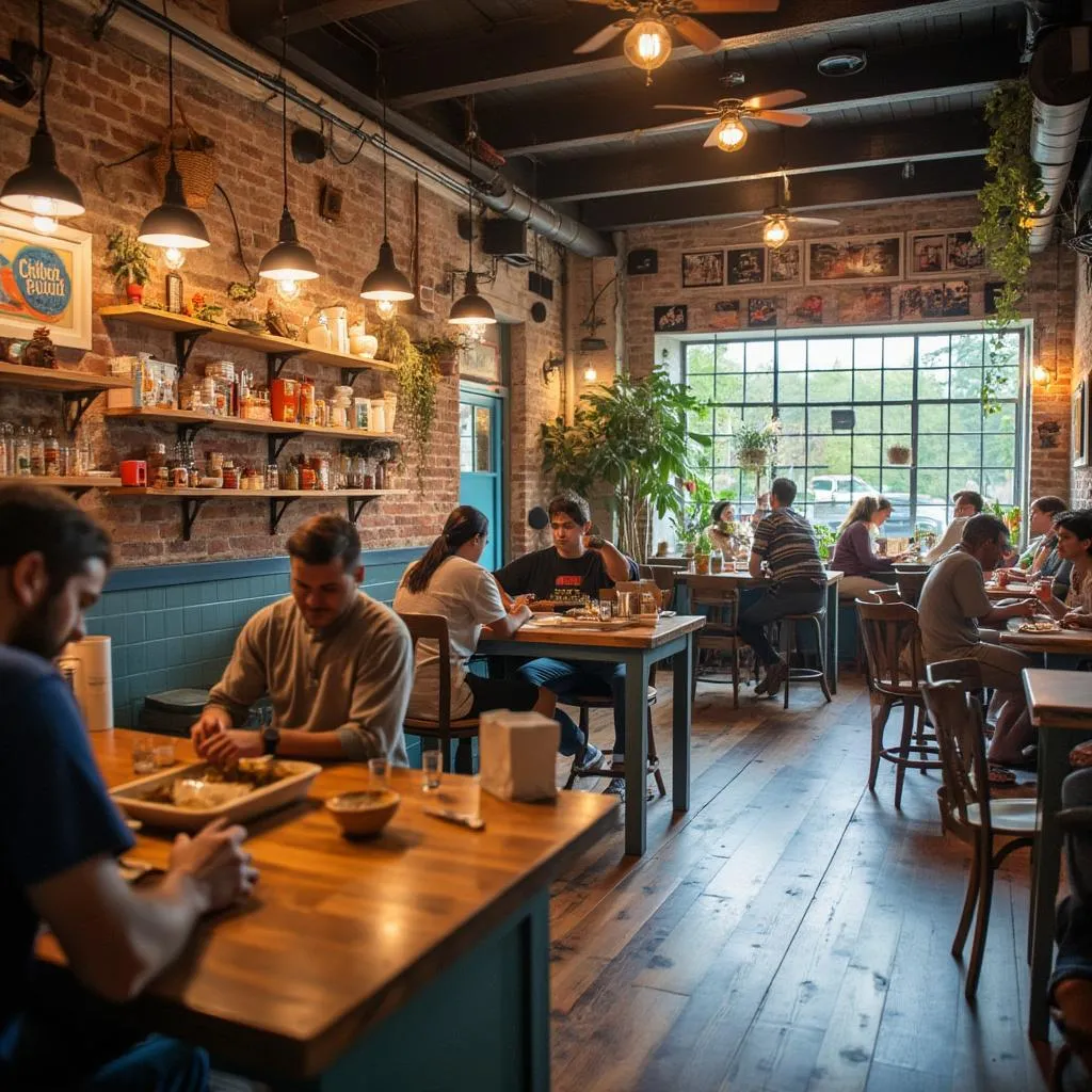 Interior of Chicken Road cafe showing gaming stations and board game tables